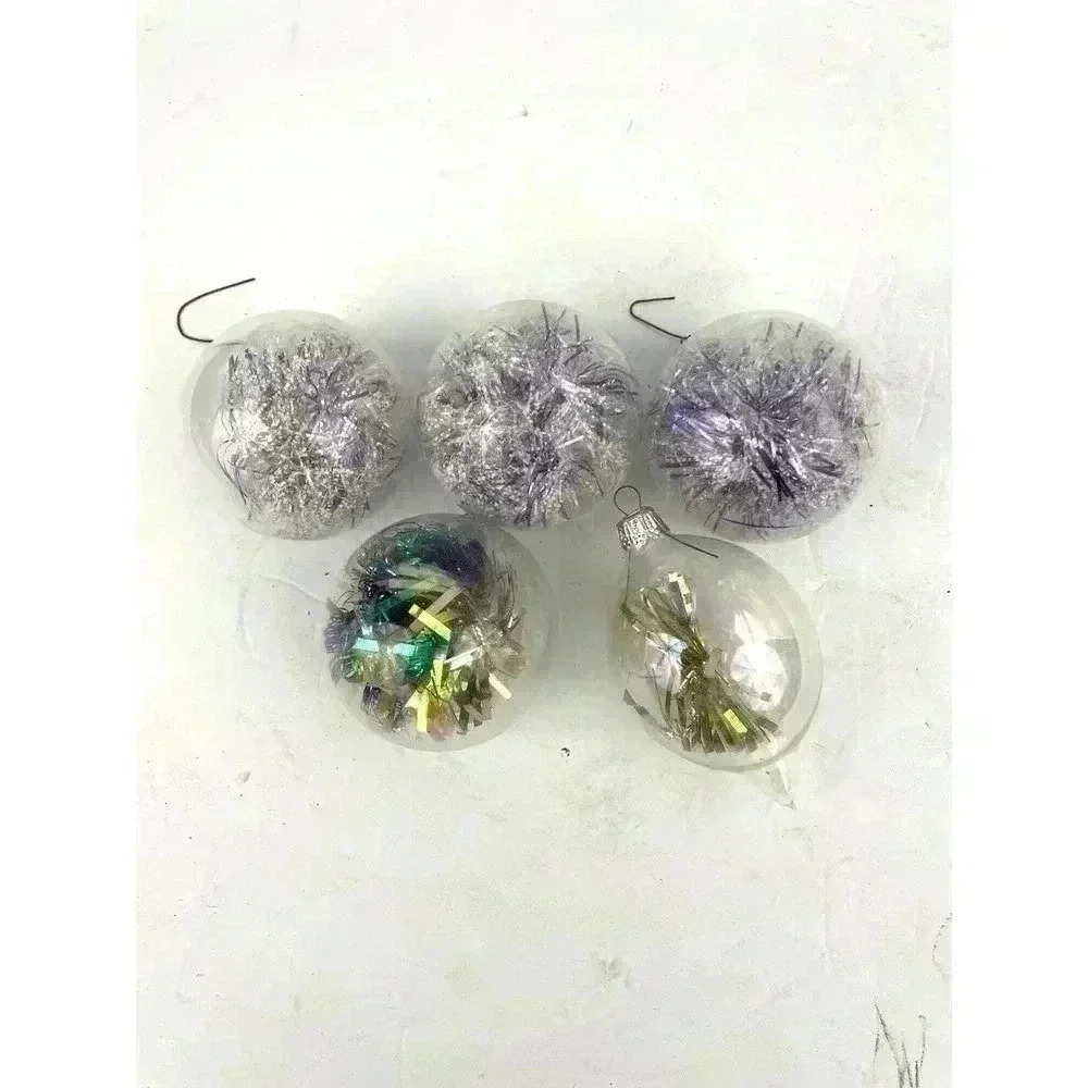 VTG Lot of 5 Clear Hanging Ornaments with Shiny Tinsel Christmas Hand Blown
